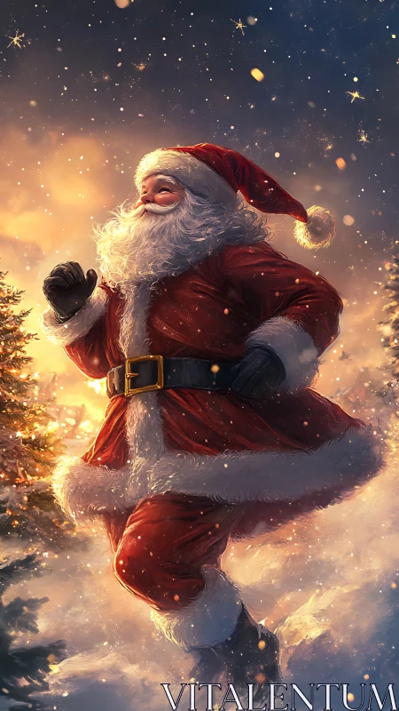 Joyful Santa dashes through glowing Christmas snow.