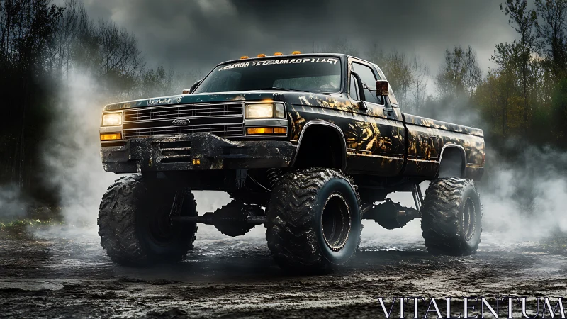 Lifted monster truck in muddy forest clearing at dusk.