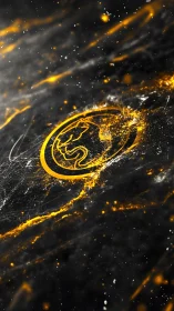 Golden dragon emblem on dark abstract cosmic field.