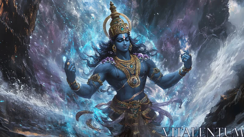 Majestic blue deity rising in swirling cosmic waters.
