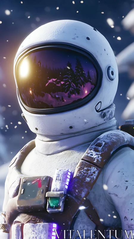 Snow-dusted astronaut quietly cradles a winter forest