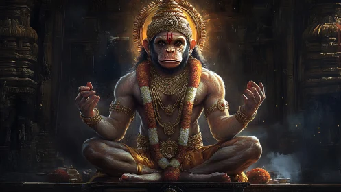 Simian sage in molten gold armor breathes quiet thunder