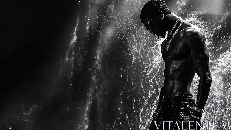 Shirtless man under cascading water in high-contrast monochrome.