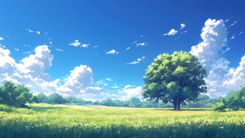 Lone oak under expansive cumulus sky in sunlit meadow.