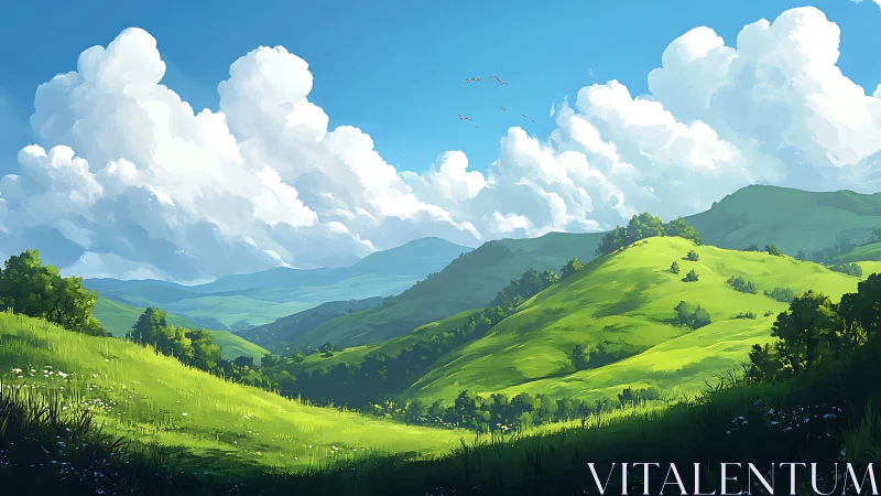 Sunlit green hills under cumulus cloud formations.