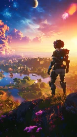 Starlit explorer gazes over neon dawn frontier world.