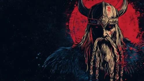 Blood-red moon crowns the brooding horned Viking warlord