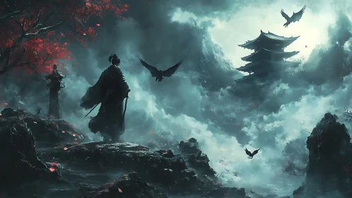 Lone samurai in stormlit mountain shrine with ravens circling.