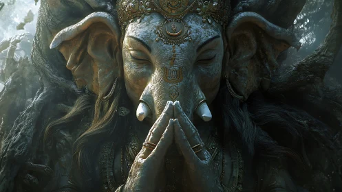 Elephant headed stone figure with folded hands in forest setting.