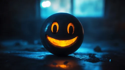 Backlit smiling jack o lantern sphere in moody blue bokeh glow