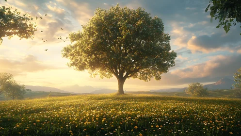 Solitary deciduous tree on wildflower meadow at golden hour