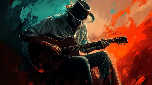 Lone guitarist plays under fiery blue and orange light