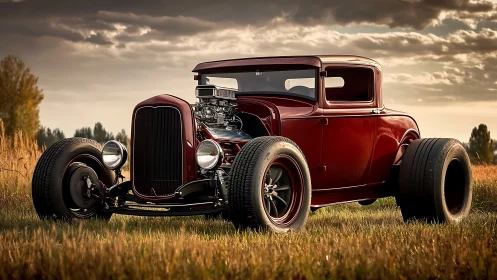 Vintage coupe hot rod parked in rural grassland field.