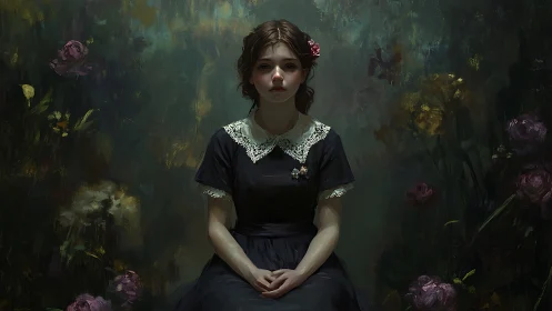 Melancholic seated girl in chiaroscuro floral oil tableau.