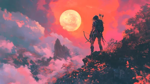 Digital painting of lone archer over crimson lunar valley.