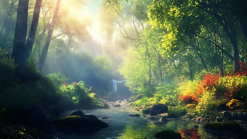 Enchanted Forest Stream Bathed in Golden Light.
