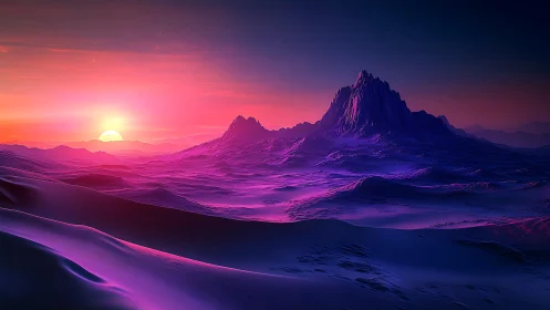 Magenta alien dunes glow under a surreal twin light sunset
