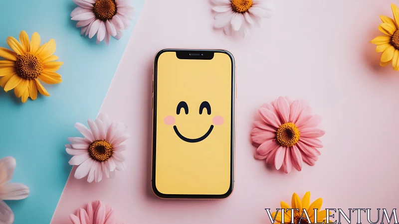 Happy Moments: A Cheerful Phone Surrounded by Blooms.