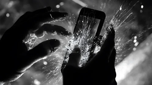 Hands interact with smartphone as water splashes outward
