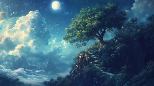 Moonlit cliffside tree crowns luminous fantasy landscape.