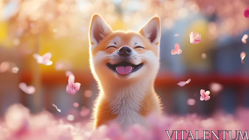Joyful shiba puppy basking in drifting cherry blossoms.