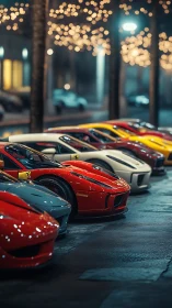 Row of sports cars parked on wet street at night.