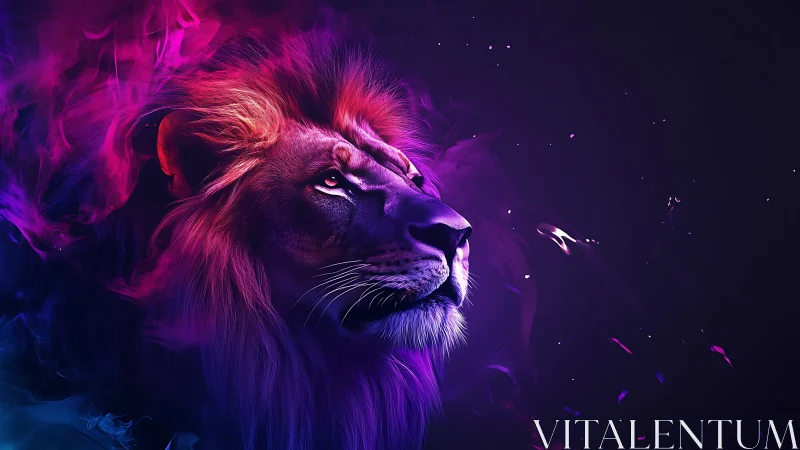 Bioluminescent lion portrait in neon magenta and cyan vapor