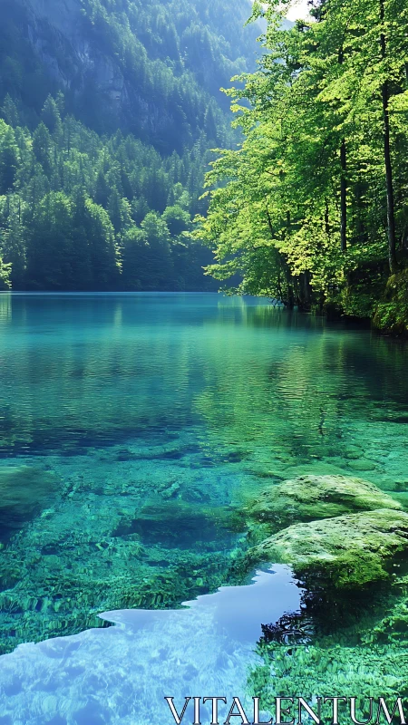 Crystal lake shoreline under sunlit forest canopy.