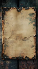 Burned parchment sheet on rustic wooden background template.