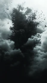 Dark cloud vortex engulfs lone tree amid circling birds