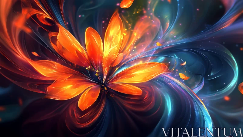 Abstract luminous flower form in swirling color field.