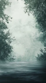 Fog-dense river corridor framed by silhouetted foliage edges