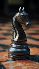 Weathered black knight chess piece stands on glossy board