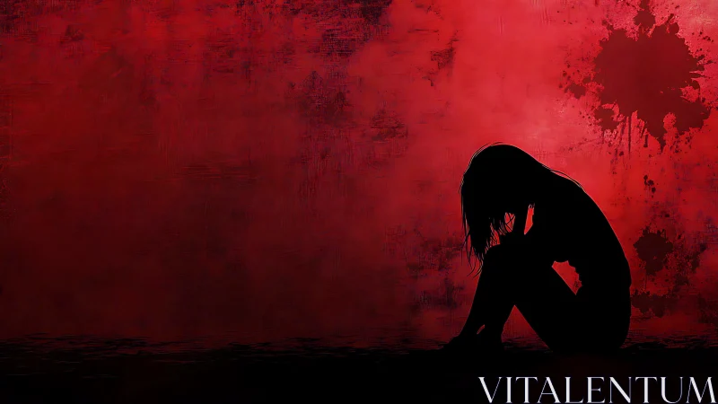 Silhouetted girl curls inward against a distressed red void