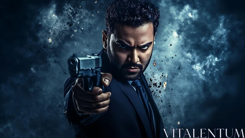 Intense suited hero steps forward with a dramatic aim