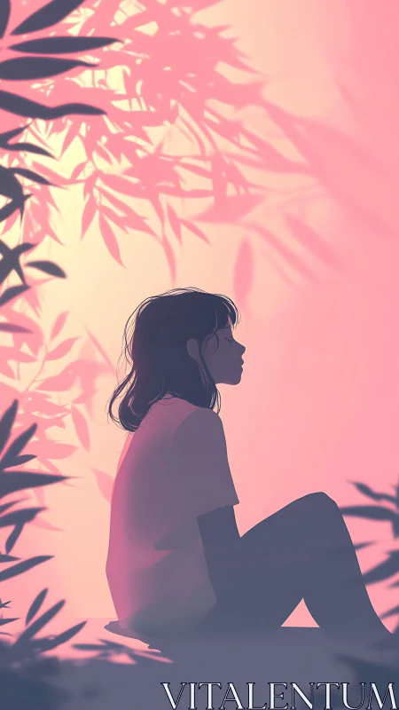 Silhouetted girl in contemplative side profile at dusk glow