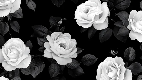 Elegant Black and White Roses in Moonlit Garden.