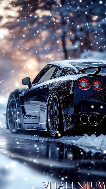 Midnight sports car under soft falling winter snowstorm.