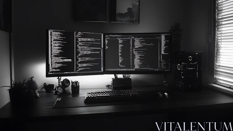 Monochrome dual-monitor coding workstation in low-key light