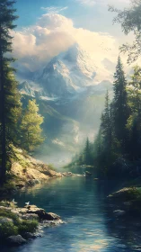 Mountain valley river flows beneath sunlit snow peaks