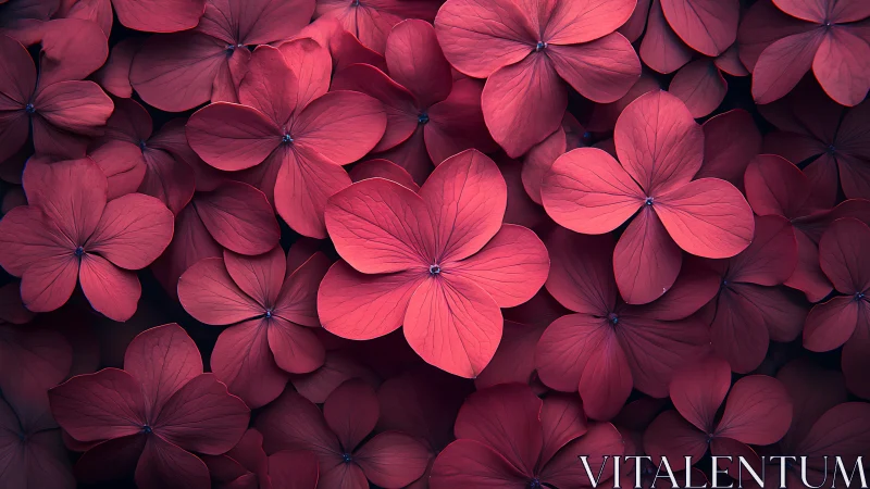 Hydrangea floral aggregate in deep magenta and crimson tonalities with volumetric overlapping.