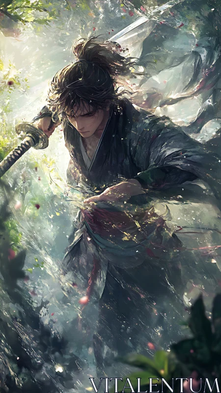 Stormlit ronin carves silence through a painted downpour.