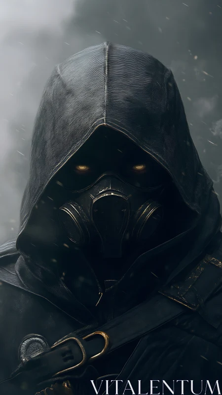 Hooded gas mask figure stands in stormlit industrial fog