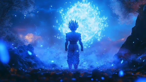 Electric warrior before colossal blue energy sphere.