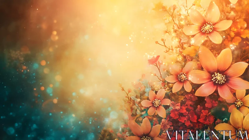 Layered floral composition with bokeh effects and warm-to-cool color gradients.