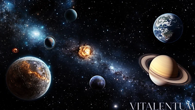 Multi-planet exoplanetary system rendered with high dynamic nebular core