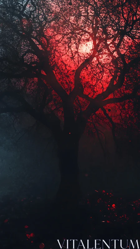 Silhouetted tree cuts across a burning crimson sky glow.