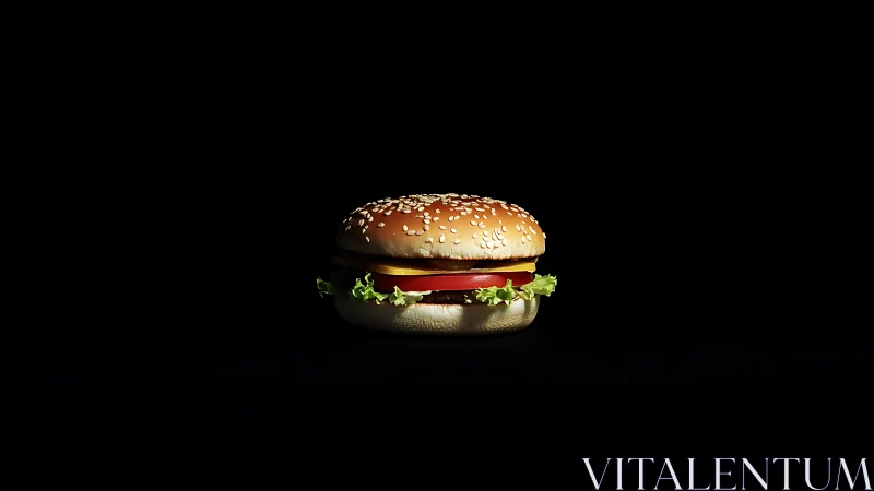 Isolated sesame burger on black background with dramatic rim light.