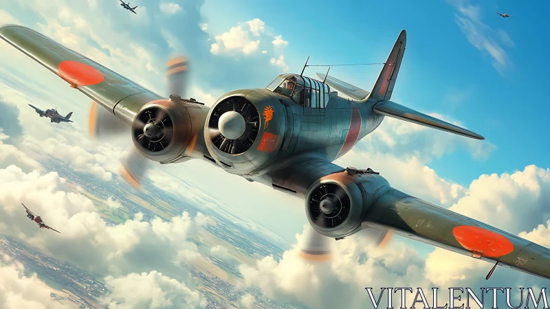 WWII Japanese bomber cuts through bright layered cloudscape