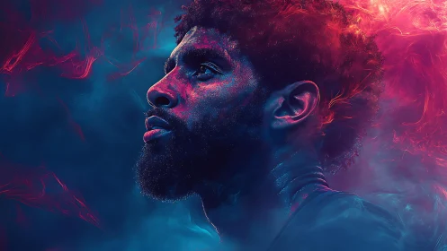 Profile portrait in blue and magenta vaporous lighting.